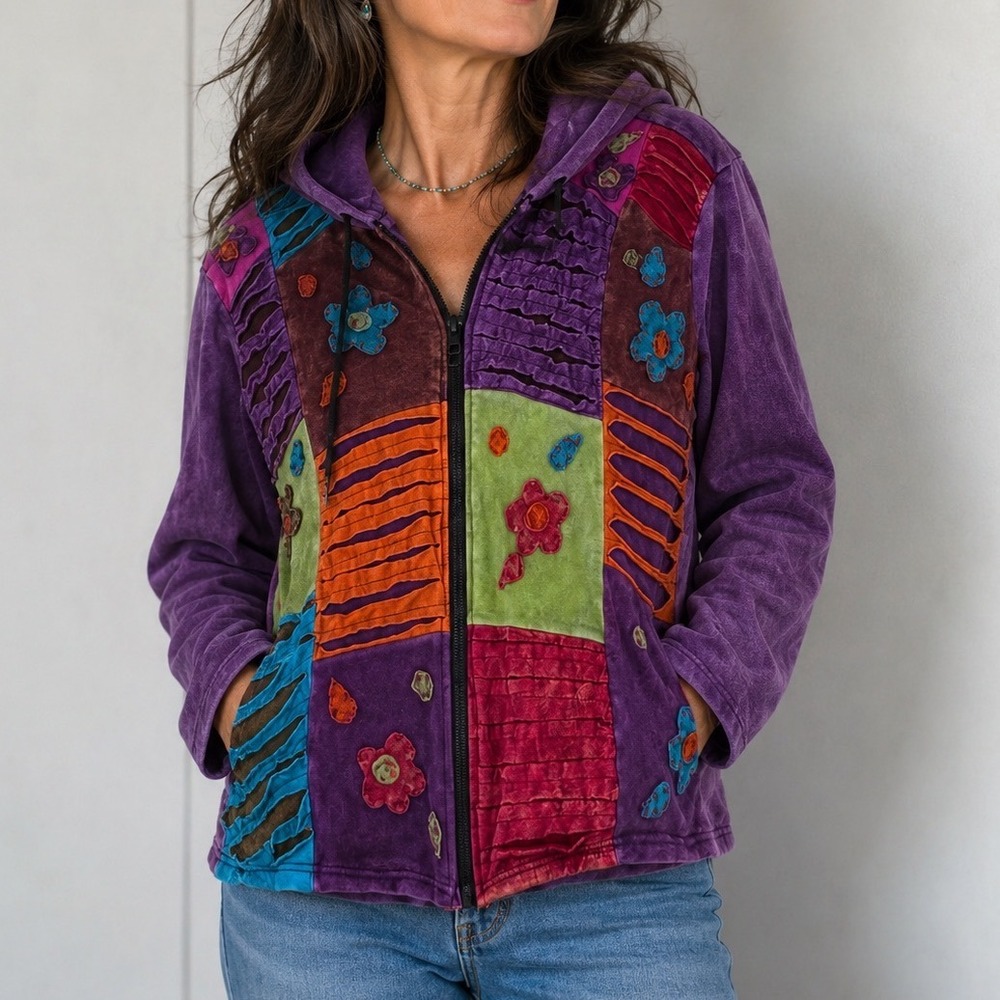 Boho‎ Patchwork Floral Zip Up Hoodie Purple Acid Wash Artisan Jacket n3